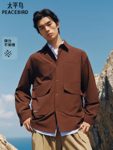 Peacebird Mens Casual Style Long Sleeve Shirt Four-Way Stretch Loose Fit Pocket Shirt Trendy Polyester Fiber Autumn Wear