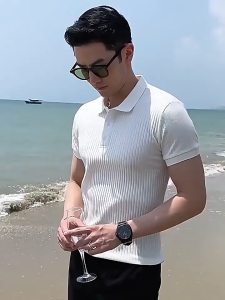 FASHLOVER Turn-down Collar Short Sleeved T-shirt Threaded Knit Polo Shirt Summer Trend Men