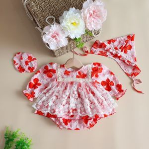 BD84 Body váy công chúa hoa đỏ RIOKIDS kèm nón cho bé gái sơ sinh mặc đi chơi thôi nôi đầy tháng sinh nhật Lễ Tết Giáng sinh siêu đáng yêu