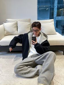 เสื้อแจ็คเก็ตฮู้ดแบบมีซิปสองช่องสไตล์อเมริกัน ทรงหลวม ทรงสั้น สำหรับผู้ชาย ฤดูใบไม้ร่วง/ฤดูหนาว ลำลอง ทรงหลวม ทรงหลวม