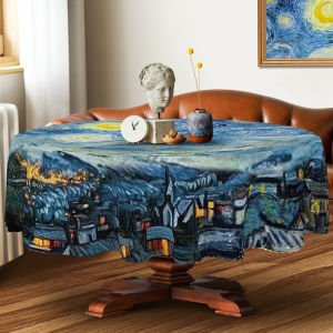1 Piece Abstract Art Themed Polyester Tablecloth + 4 Self-Adhesive Stickers Round/Rectangular Tablecloth Starry Sky Painting Print Pattern Embossed Edges Suitable for Home Kitchen Decoration Room Decoration Party Tablecloth Kitchen Decorative C...