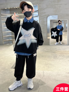 Childrens Autumn Sportswear Set Boys Mid-to-Big Size Three-Piece Hoodie Sweatshirt Casual Cotton Blend Fabric Cartoon Pattern