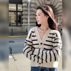 YUFUQING | Korean Style Lazy Striped Knitted Open Cardigan Long Sleeve Short Vintage V-neck Women Early Autumn New Fashion Top Coat