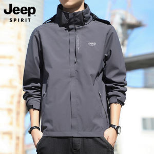 JEEP SPIRIT แจ็กเก็ตกันน้ํามีฮู้ดสําหรับผู้ชายและผู้หญิงเสื้อแจ็คเก็ตสีดําลําลองบางน้ําหนักเบากันน้ําสําหรับปีนเขากลางแจ้ง