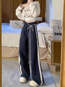 กางเกงขายาวทรงตรงผ้าลูกไม้สไตล์ย้อนยุคสไตล์อเมริกันสำหรับผู้หญิงในฤดูใบไม้ผลิและฤดูใบไม้ร่วง กางเกงขายาวทรงหลวมๆ สวมใส่สบาย ระบายอากาศได้ดี