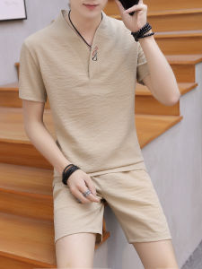 Cooling V-Neck Mens Casual Short Sleeve T-Shirt and Shorts Set