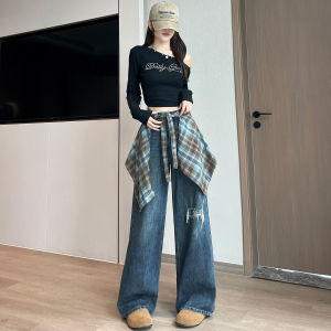Retro High Waist Wide Leg Denim Jeans Womens Spring Autumn Fake Two-Piece Design Loose Fit Straight Cut Pants