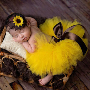 Baby Photography Unique Sunflower Design Adorable Newborns Outfit Chinese Tutu Bow Skirt Flower Headdress for 0-1month