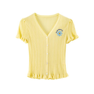 BANANA CICI | Breathable Wooden Ear Edge Daisies Embroidered V-Neck Knit Cardigan
