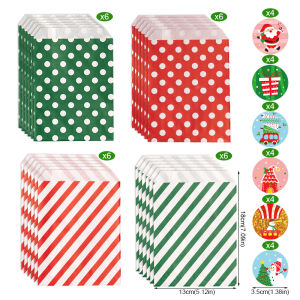 24Sets Christmas Candy Treat Bags Red Green Buffet Paper Bags with Xmas Sticker Holiday Party Favor Gift Bag Wrapping Supplies