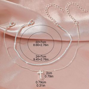 Silver Zircon Cross Pearl Anklet Double Layer Love Design Shiny Sparkling Trendy Summer Beach Foot Jewelry