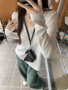 Korean Style Chic White V-neck Bottoming Shirt Long Sleeves Shoulder T-Shirt Womens Autumn Inner Wear Idle Style Loose Slim Looking Tops