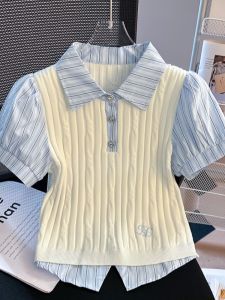 Knitted Knot Short Sleeve Polo Shirt Womens Slim Fit Summer New Style Fake Two-Piece Turn-down Collar Lace Splice Bubble Sleeve