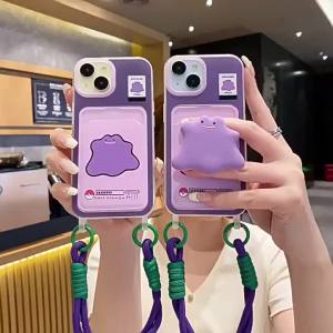 เคสโทรศัพท์มอนสเตอร์สีม่วงพร้อมช่องใส่บัตร ขาตั้ง และสายคล้อง สำหรับ iPhone 16 Pro Max 15 14 13 12 11 Pro Max XS 8 7 Plus เคสนิ่มกันกระแทก