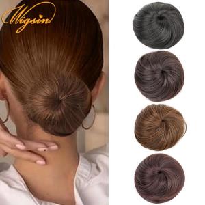 WIGSIN Synthetic Short Straight Hair Bun Chignon Clip in Hair Extension Black Brown Hairpiece for Women