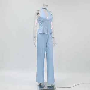 Cotton Linen Vest Pants Suit Womens Sleeveless Single Breasted Top High Waist Pants Suit Lady Solid Fashion Loose Suit