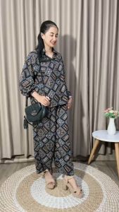 One Set Kemeja Wanita Busui Friendly Kancing Depan Full Celana Panjang Lengan Panjang