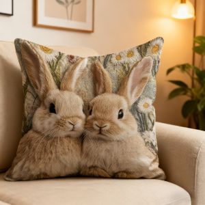 VIKAMA Cute Bunny Floral Pillow Cover Realistic 3D Rabbit Print Cushion Case for Sofa Bedroom Living Room Farmhouse Home Decor