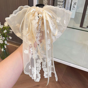 Elegant Pearl Hair Clip with Lace Sash for Women Original Design Hair Accessories behind the Head  out Design Butterfly Knot