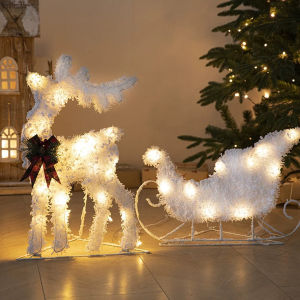 กวางเรนเดียร์ตกแต่งคริสต์มาสพร้อมรถลากมีไฟ LED สำหรับตกแต่งสนามหญ้ากลางแจ้งในวันคริสต์มาส ของตกแต่งบ้านสำหรับงานปาร์ตี้วันหยุด