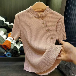 New Chinese Style Pleated Stand Collar T-Shirt Short Sleeve Base Shirt Simple Fashionable Commute Wear Short Pants Regular Sleeve
