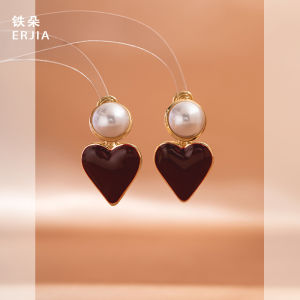 French Luxurious Wine Red Heart Shaped Pearl Earrings Half Circle No Piercing Clip on Versatile Elegant Fashion Jewelry