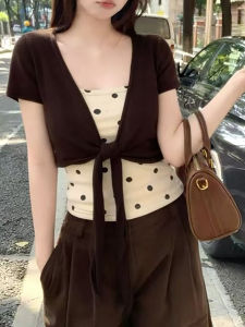 AICAILIN | Bộ Áo Blazer Không Tay In Chấm Bi và Len