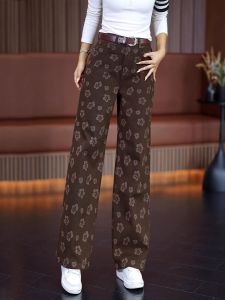 High Waist Floral Embroidery Design Straight Leg Jeans Womens Autumn New Style Casual Slim Wide Leg Long Trousers Trendy