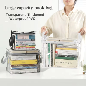 Large Capacity Transparent Book Storage Bag Multi-purpose Stackable Book Organizer Storage for School and Office Storage box Foldable PVC Dust-proof Zipper Bag