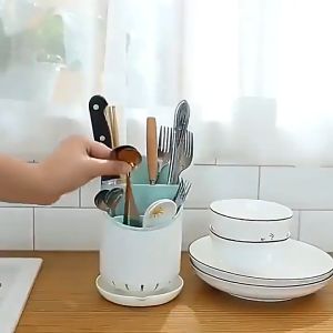(BISA COD) PROMO Tempat Sendok Garpu Sumpit Dengan Tirisan / Wadah Penyimpanan Peralatan Dapur Gunting Pisau Spatula Centong Sikat Gigi / Wadah Alat Makan Plastik / Rak Tiris Cucian Holder