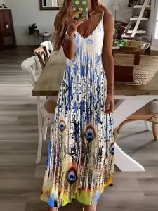 Printed Design Peacock Feathers Blue White Print Pattern Four Seasons elegant style casual style sling dress