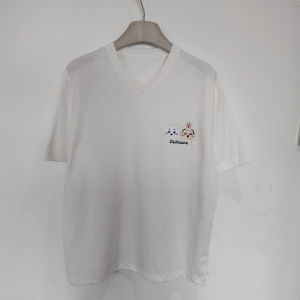 Chiikawa Cartoon Short Sleeve Womens T-shirt V-neck Pure Color Embroidery Casual Versatile Comfortable Breathable Top
