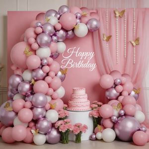 118-Piece Butterfly-Themed Balloon Arch Set Including Pink Metallic Pink White Latex Balloons and Butterfly-Shaped Balloons Suitable for Birthday Party Decorations Wedding Season Decorations Valentines Day Decorations Gender Reveal Party Decora...