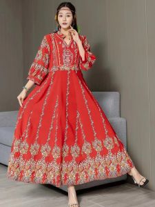 Ethnic Style Embroider Dress Womens New Arrival Retro Print Long Waist-Tight Slim Looking Loose Temperament A- line Big Hem Dress