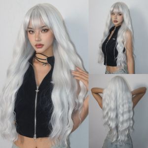 Super Long Curly Silver Synthetic Wig with Fluffy Bangs White Water Wave Hair Wigs for Women Daily Use Cosplay Colored Hair Wig