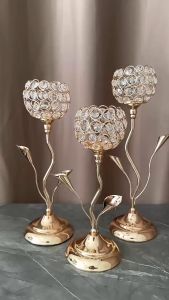 3PCS Gold Plated Crystal Candle Holder Metal Candlestick Stand for Home Decor Dining Room Table Centerpiece