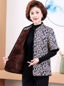 Fall and Winter Mothers Floral Quilted Fleece-lined Heattech Small Cotton-Padded Clothes Middle-Sleeved Cotton Coat Jacket Cotton-Padded Vest for Middle-Aged and Elderly Women