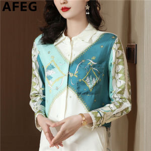AFEG new Korean version of shirt collar fashion loose temperament positioning printed real silk long sleeve blouse for women