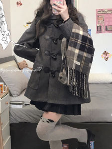 Winter College Style Womens Coat with Buttoned Horns Cotton Lined Hooded JK Uniform Woolen Jacket Sweet Straight Cut Long Sleeve