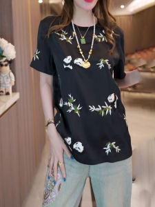 New Chinese Style National Trend High-End Heavyweight Panda Bamboo Embroidery Womens T-shirt Summer Short Sleeve Elegant Versatile Top