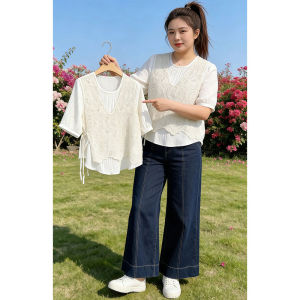 Shalldoer | Design French Lace Two-tone Look Short Sleeve Shirt Female Summer