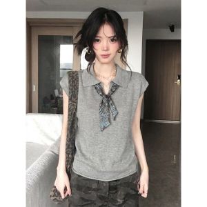 La Chapelle | Elegant Polo Neck Scarf Style Short Sleeve Knit Top