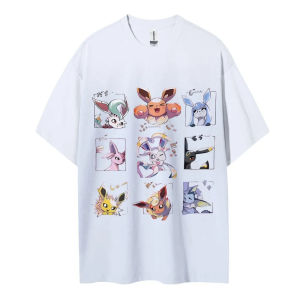 Bandai | New Pokemon Pikachu Printed Short-sleeved T-shirts for Men Women Adults and Children Pure Cotton Round-neck Loose Top