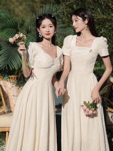 Bridesmaid Dress Champagne Color Korean Style Short Sleeve A-Line Skirt Long Dress Spring Wedding Party Wear Female Suit