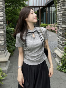 เสื้อคลุมสไตล์จีนใหม่ เสื้อท่อนบน ผู้หญิง แขนสั้น  เอว สลิมฟิต ปุ่ม ดีไซน์ ฤดูร้อน แฟชั่น ปกตั้ง เสื้อมินิ