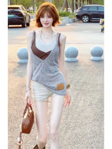 YUEZHONGWEI | Gray V-neck Hollow Ice Silk Knitted Strap Vest Women Summer Loose Design Sleeveless Cover Up Top Outerwear Casual Wear