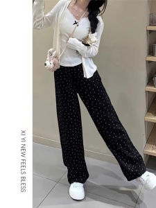 กางเกงยีนส์ขาตรงลายจุดสีดำบางหลวมๆ สำหรับผู้หญิง กางเกงขายาวทรงหลวม ทรงหลวม กางเกงขายาวทรงเข็มขัดสูง ทรงเข้ารูป