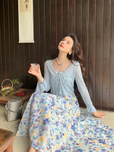 Spring Autumn Blue Long Sleeve Thin Knitted Dress Outerwear Small Cover up Womens V Neck Loose Fit Polyester Cotton Blend