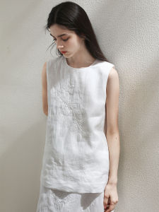 Miccbeirn | Pure Linen Embroidered Sequin Sleeveless Vest Top French Artistic Style Simple White Commute Inner Wear Floral Pattern Round Neck