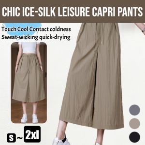 Chic Ice-Silk Leisure Capri Pants Women Drapey Loose Fit High Waist Wide Leg Casual Trousers Elegant Skirt Pants